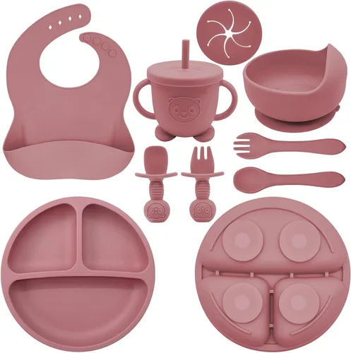 Vista 9 de Juego de Alimentación de Silicona para Bebés Suministros de Destete Dirigido por el Bebé Incluye Tazones con Ventosa y Platos Divididos, Babero