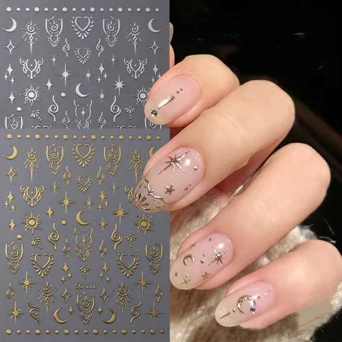 Vista 6 de 8 hojas de calcomanías para uñas de sol, luna, estrella para mujer, calcomanías láser 3D, oro rosa, plata, calcomanías para suministros de uñas