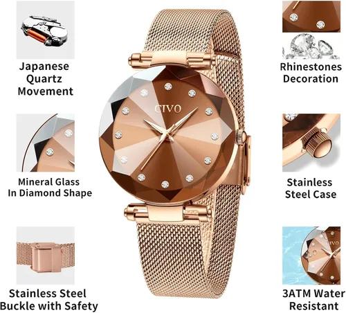 Vista 6 de CIVO Reloj para mujer, resistente al agua, analógico, de cuarzo, correa de malla de oro rosa, elegante, de diseñador, relojes de pulsera para mujer