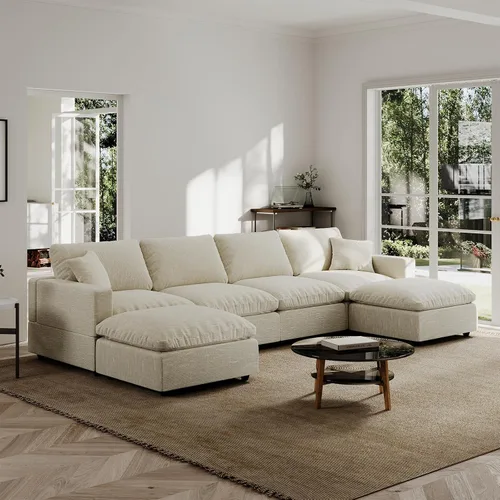 Vista 19 de Sofá seccional moderno de lino en forma de L para sala de estar, sofás modulares con relleno de plumón, fundas de cojín de sofá desmontables, sofá