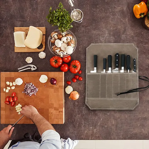 Vista 6 de HERSENT Funda enrollable para cuchillos de chef, lona encerada, soportes para cuchillos, protectores, herramientas de cocina para el hogar