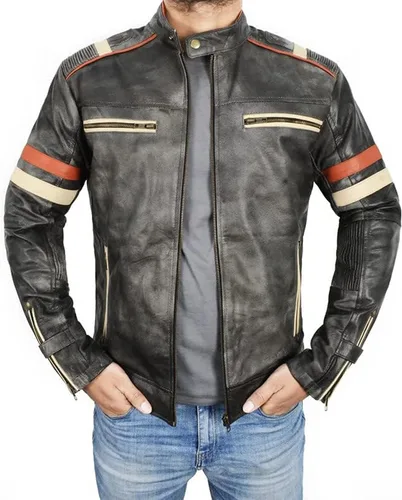 Vista 18 de Prime-Fashion Mens Vintage Motorcycle Distressed Retro Biker Leather Jacket