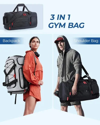 Vista 2 de BAGSMART Sports - Bolsa de viaje para gimnasio, bolsa de lona impermeable para hombres y mujeres, bolsa de entrenamiento de fin de semana, Negro