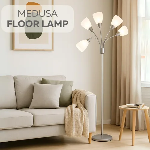 Vista 2 de LIGHTACCENTS Lámpara de pie Medusa de 5 luces para dormitorio – Lámpara de pie con múltiples cabezas y 5 pantallas de acrílico blanco, lámpara araña