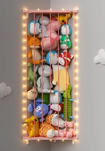Vista 23 de Organizador de juguetes de almacenamiento de animales de peluche (patentado) – Soporte grande de esquina para animales de peluche de longitud Beige