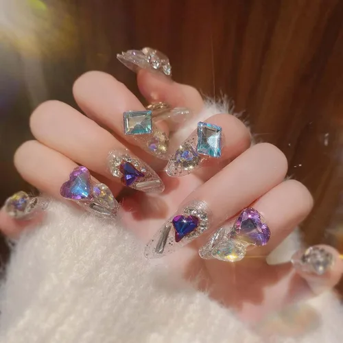 Vista 3 de QQPPOLIU Uñas postizas medianas a presión con forma de almendra, uñas postizas hechas a mano con pegamento con diamantes de imitación grandes 3D