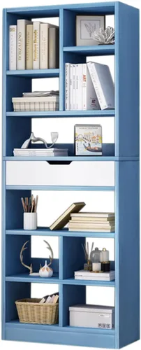 Vista 9 de IOTXY - Estantería de madera con espacios abiertos, 51" de altura, organizador de almacenamiento con 7 cubos y un cajón, estante de piso, color azul