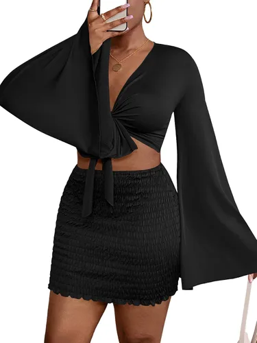 Vista 3 de LYANER Conjunto de 2 piezas para mujer, con nudo frontal, acampanada, manga larga y minifalda
