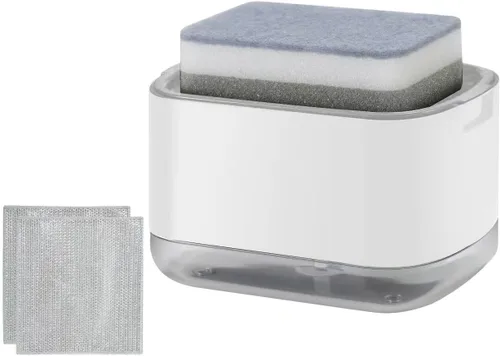 Vista 4 de Dispensador de jabón para platos de cocina con soporte para esponja, dispensador de bomba de jabón 2 en 1 para encimera, dispensador de jabón