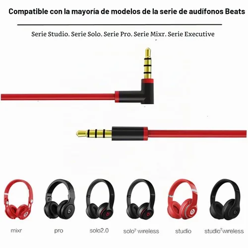 Vista 2 de Cable de audio de repuesto para Beats Studio, Solo, Pro, Detox, Mixr Negro rojo