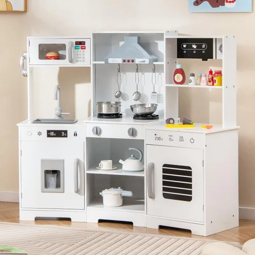 Vista 13 de Costzon Juego de cocina esquinera para niños, juego de cocina de juguete de madera con campana extractora de luces y sonidos, máquina de hielo