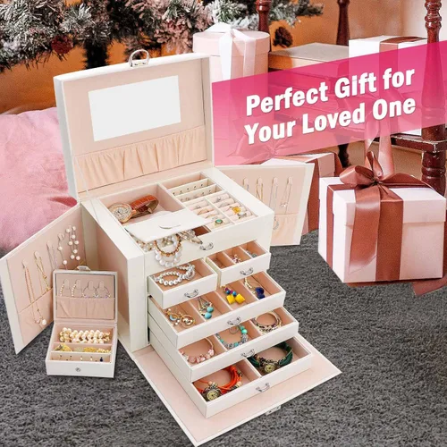 Vista 3 de NORSENS Organizador de 5 capas de joyería caja de almacenamiento de joyas de cuero grande con cajones y cerradura de espejo estuche de joyería
