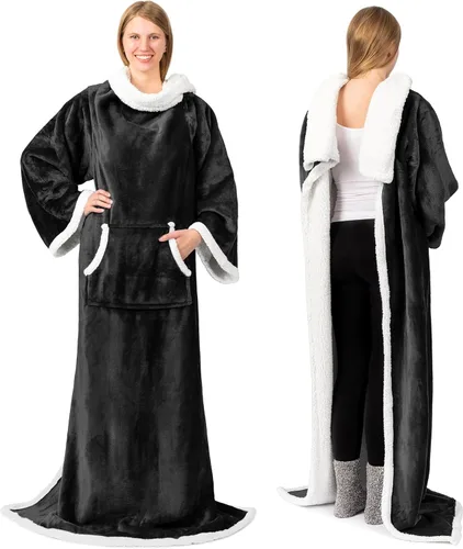 Vista 2 de PAVILIA Manta Sherpa Vestible con Mangas y Bolsillo, Manta Corporal Envolvente Gruesa de Felpa Acogedora para Adultos Mujeres Hombres, Regalo