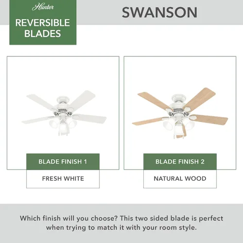 Vista 8 de Hunter Swanson 50885 - Ventilador de techo interior de 44 pulgadas con luces LED, ventilador de techo blanco con cadena de tracción