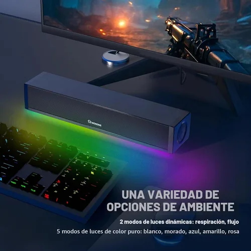 Vista 5 de Altavoces de computadora 2.1 para PC de escritorio, barra de sonido de computadora Bluetooth 5.3 con sonido de alta fidelidad, 7 modos de luz RGB