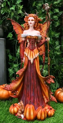 Vista 7 de Ebros Gift Amy Brown Fantasy Holiday Pumpkin Queen Autumn Fairy Holding Staff with Owl Statue 17.5" de alto Fantasy Fall Season Mythical Faery