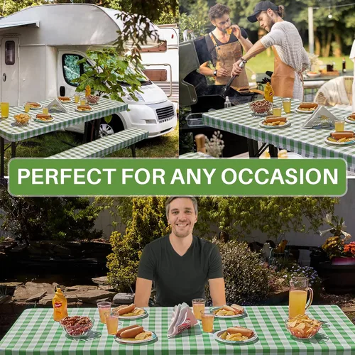 Vista 9 de Funda de mesa de picnic con fundas de banco, 17.64 oz/m², reutilizable, de vinilo resistente, mantel de picnic impermeable con funda de transporte