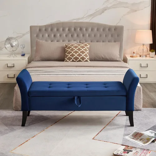 Vista 10 de 51.5" Velvet Storage Bench, Upholstered Button Tufted Design, Bedside Bench with Armrests, Secure Hinged Storage Space, Suitable for Bedroom Living
