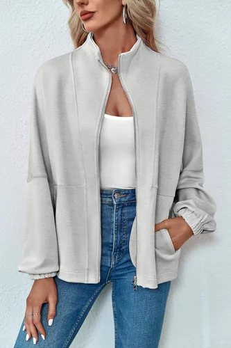 Vista 2 de Saodimallsu Chaquetas casuales con cremallera para mujer, manga larga, puños elásticos, con bolsillos