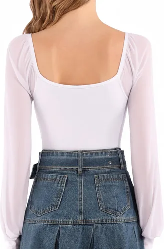 Vista 4 de MANGOPOP Traje de cuerpo de manga larga con cuello cuadrado, holgado, de malla, para mujer