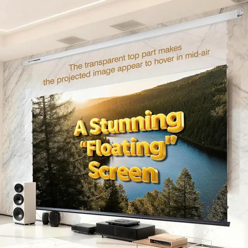 Vista 3 de ALR - Pantalla de proyector motorizada tensada por SilverMagic – Pantalla gris tensada con pestañas y diseño moderno con carcasa de aluminio blanco