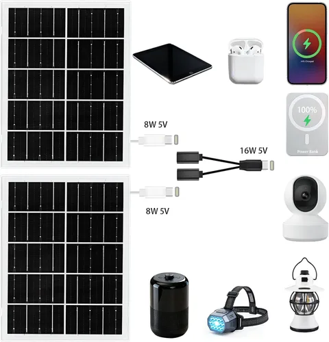Vista 2 de Panel solar de 5 V y 16 W, paquete de 2 unidades IP65 impermeable con puertos USB-C/Micro USB/CC, cable de 9.8 pies para teléfono/banco