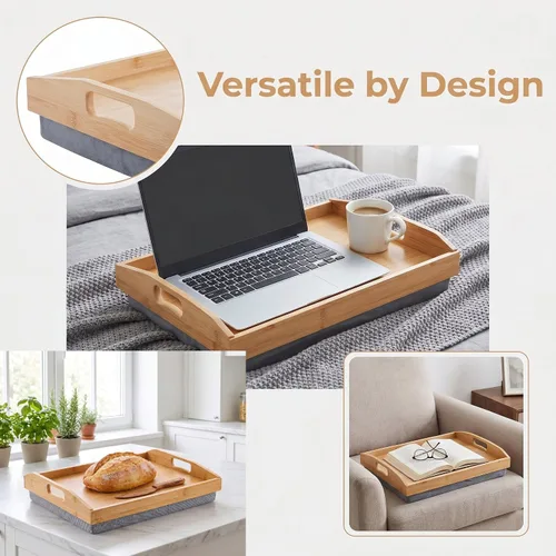 Vista 9 de Cedilis Bandeja de regazo de bambú con almohada desmontable, bandeja de servir de 16.9 x 13 pulgadas con asas para comer en la cama