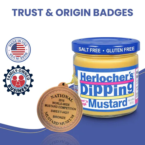 Vista 7 de Herlocher’s Dipping Mustard – Sweet & Tangy Mustard Dip, 8 oz Jar Gluten-Free, Salt-Free, Fat-Free Perfect Pretzel & Snack Dip Made in USA