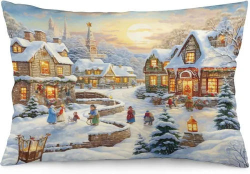 Vista 22 de Fundas de cojín decorativas para cama, diseño de pueblo de invierno, escena de invierno, con una casa victoriana en un entorno nevado, fundas