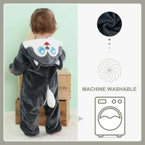 Vista 7 de MICHLEY Mameluco con capucha de animales para bebés de franela para invierno, Halloween y cosplay