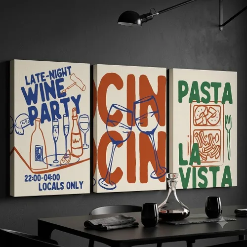 Vista 3 de 3 Piece Wine Canvas Wall Art, Retro Kitchen Poster Prints for Dining Room (08×12inches*3pcs)