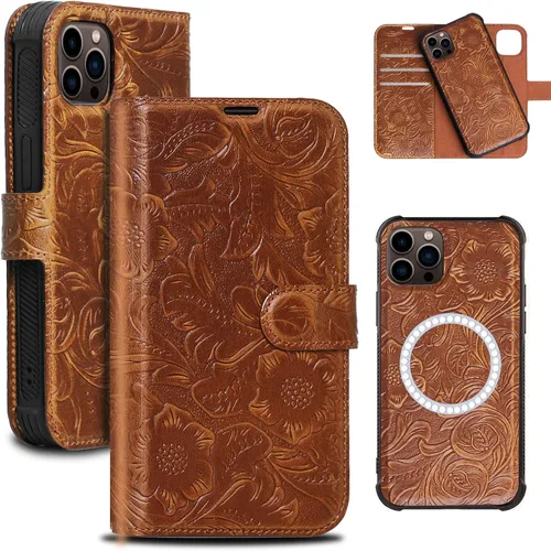 Vista 8 de Funda de cuero compatible con iPhone 16 Pro Max Cartera 6.9", cuero genuino 2 en 1, magnética, desmontable, a prueba de golpes, funda tipo folio