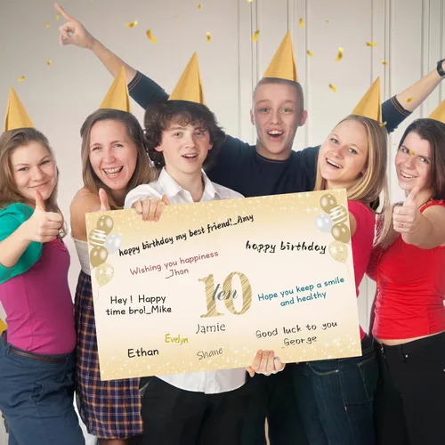Vista 5 de Turypaty Tarjeta de 10 cumpleaños grande con sobre para niños y niñas, libro de firmas de invitados gigante de feliz 10 cumpleaños en negro y oro