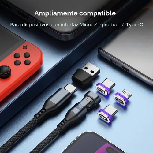 Vista 7 de Cable de carga magnético de 240 W, cable de datos magnético USBC a USB C giratorio de 180°, cable de carga rápida para teléfono micro USB