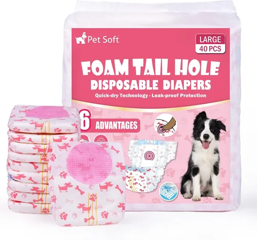 Vista 13 de Pet Soft Pañales desechables para perras, pañales para perras con agujero de cola de espuma ajustable, ultra protección, pañales para cachorros
