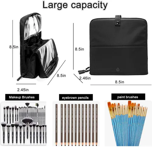 Vista 3 de Bolsa organizadora de brochas de maquillaje de viaje, soporte para brochas de maquillaje de pie con divisores ajustables, soporte para bolsa