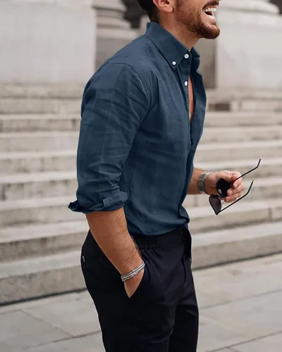 Vista 3 de Mafulus Camisa con botones para hombre, ajuste regular, manga larga, casual, para trabajo, con bolsillo