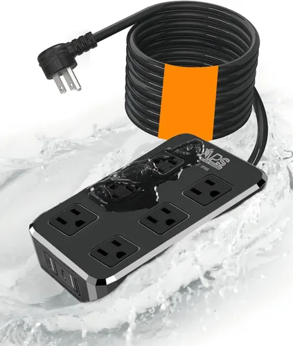 Vista 7 de Regleta de alimentación para exteriores IPX6 resistente a la intemperie, protector contra sobretensiones impermeable con 6 enchufes anchos con 3