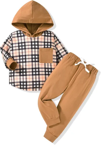 Vista 11 de Conjunto de ropa de niños pequeños con capucha y sudadera a cuadros de manga larga para otoño e invierno Esqueleto negro