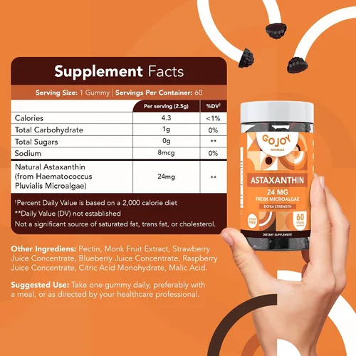 Vista 4 de GOJOY NATURALS Gomitas de astaxantina de 24 mg - Suplemento antioxidante de alta potencia - Apoyo para el bienestar de la piel, los ojos
