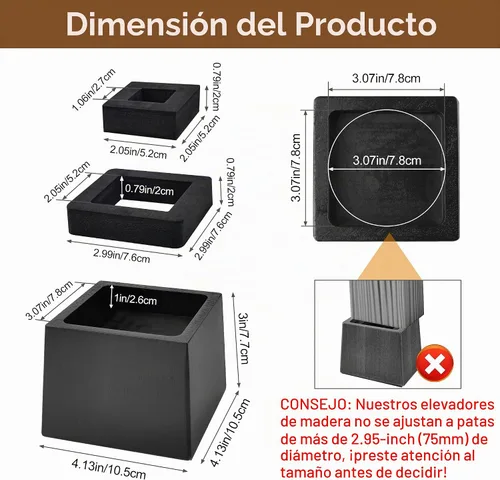 Vista 3 de Elevadores de madera de 3 pulgadas resistentes, soporta 2500 Negro