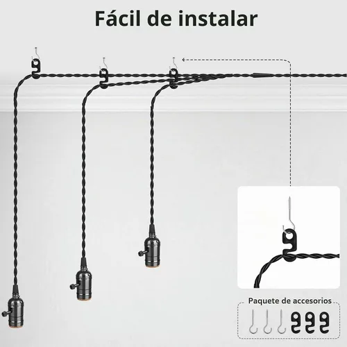 Vista 7 de Kit de luz colgante vintage enchufable con portalámparas colgantes E26/E27 de 1 a 3, luz colgante industrial con interruptores rotativos Negro