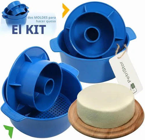 Vista 6 de Kit de fabricación de queso, 2 piezas de molde de queso con pistón seguidor azul y gasa de algodón, cesta para queso, molde para queso