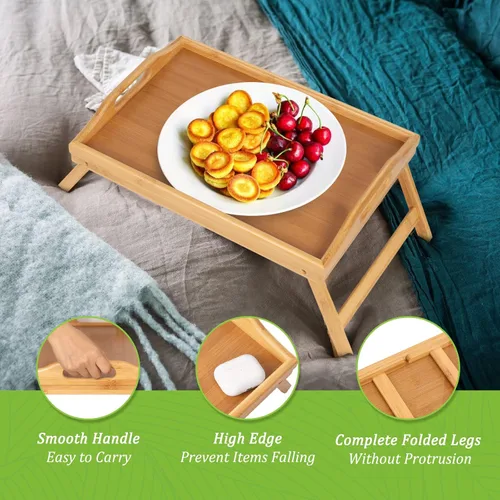 Vista 5 de Bandeja de cama con patas plegables y asas, bandeja de comida para desayuno, uso en sofá, cama, para comer, dibujar, servir alimentos, como