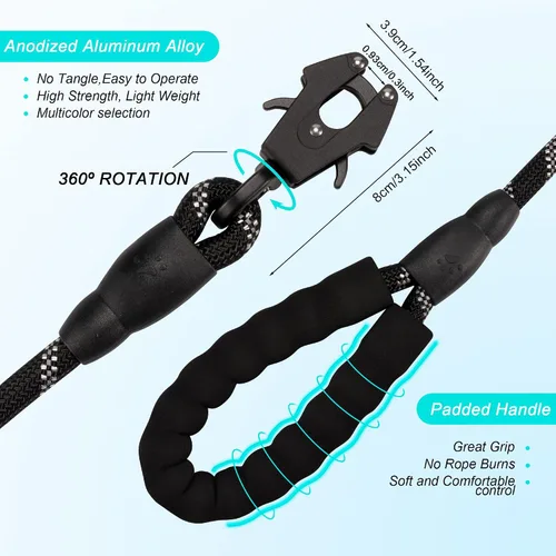 Vista 4 de GEIT Correa para perro de 2/4/5/6 pies, correas de cuerda resistentes, correa de nailon reflectante para mascotas con clip táctico de rana