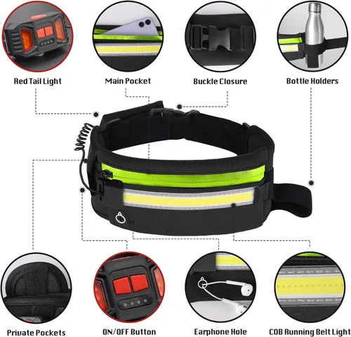 Vista 6 de Luz para correr, cinturón de correr de 1000 lúmenes, equipo de correr con luz de noche recargable de 230° para teléfono, bolsa de cintura, luz