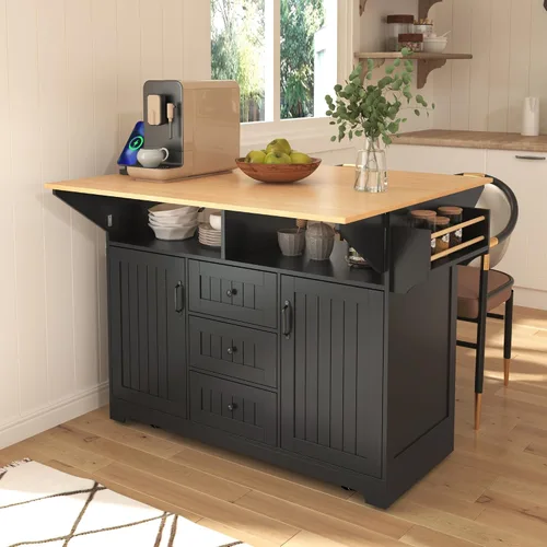 Vista 8 de Modern Rolling Kitchen Island with 2 Drop Leaves Power Outlets, 2 Storage Cabinets with Adjustable Shelf, 3 Drawers, Spice & Towel Rack, 5