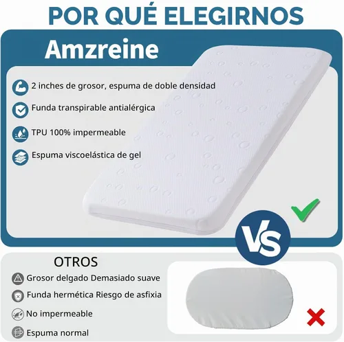 Vista 7 de Colchón de moisés para bebé, 24" x 20.8" x 2" colchón de espuma viscoelástica de gel de doble cara con funda suave transpirable extraíble que se