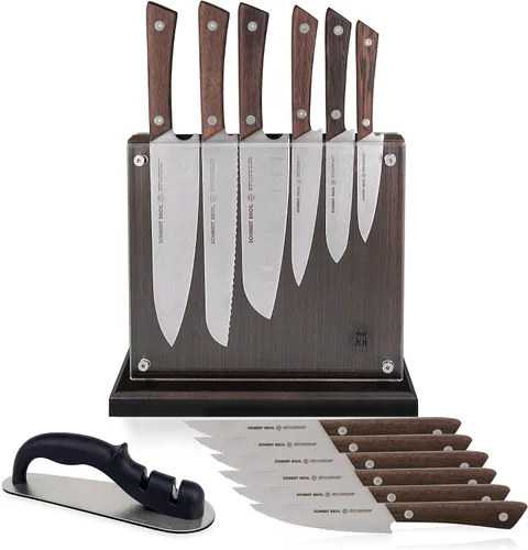 Vista 12 de Schmidt Brothers - Juego de cuchillos de cocina de 7 piezas, cubiertos de acero inoxidable alemán de alto carbono, asas de madera con acabado
