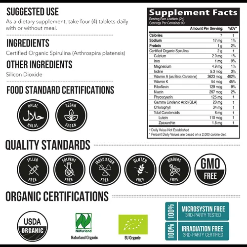 Vista 5 de Tabletas de espirulina orgánica (360 tabletas) – Hecho con Parry® Spirulina, la mejor espirulina del mundo, mayor densidad de nutrientes –
